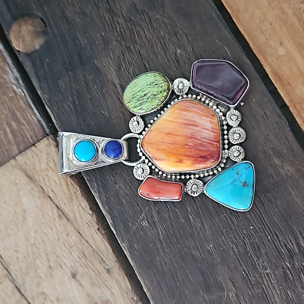 Navajo GORGEOUS Sterling Pendant with Turquoise & other stones Stamped RS